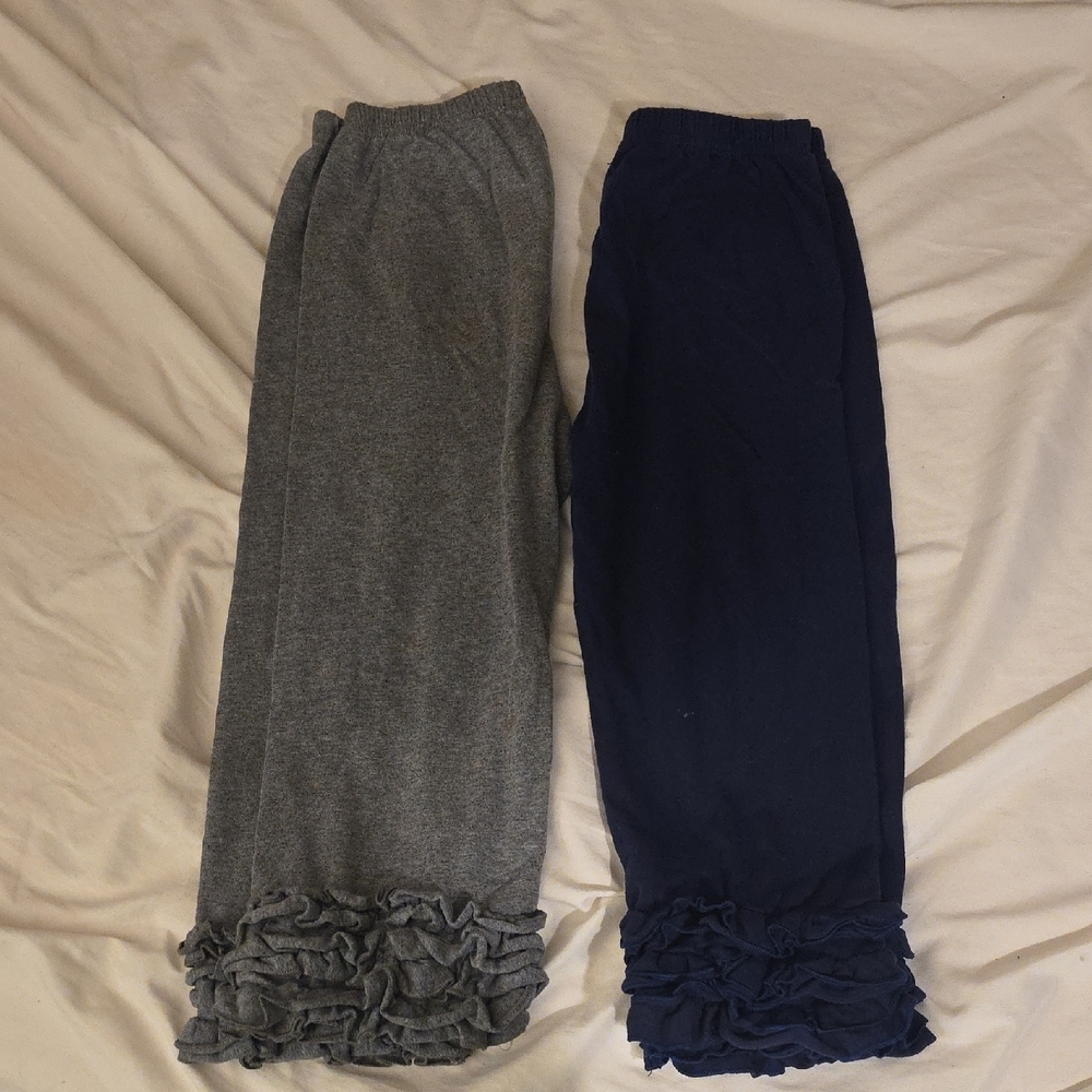 Gray and Blue Ruffle Hem Under Dress Style Soft Cotton Leggings